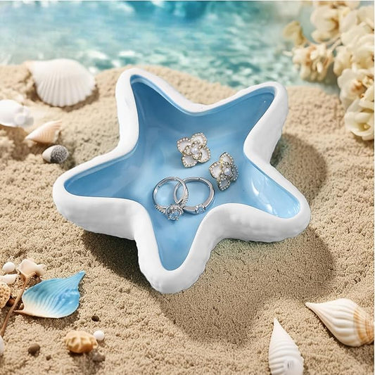 Ceramic Starfish Jewelry Tray, Blue Shell Trinket Dish Beach Gift for Women, Ocean-themed Ring Holder Candy Dish Decorative Tray for Earrings Necklaces Watch Key, Coastal Blue Room Decor