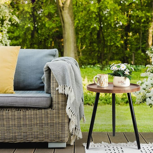 danpinera Round Side Table, Metal Legged Accent Table with Wooden Tray, Small Round End Table for Living Room, Bedroom, Nursery, Brown & Black