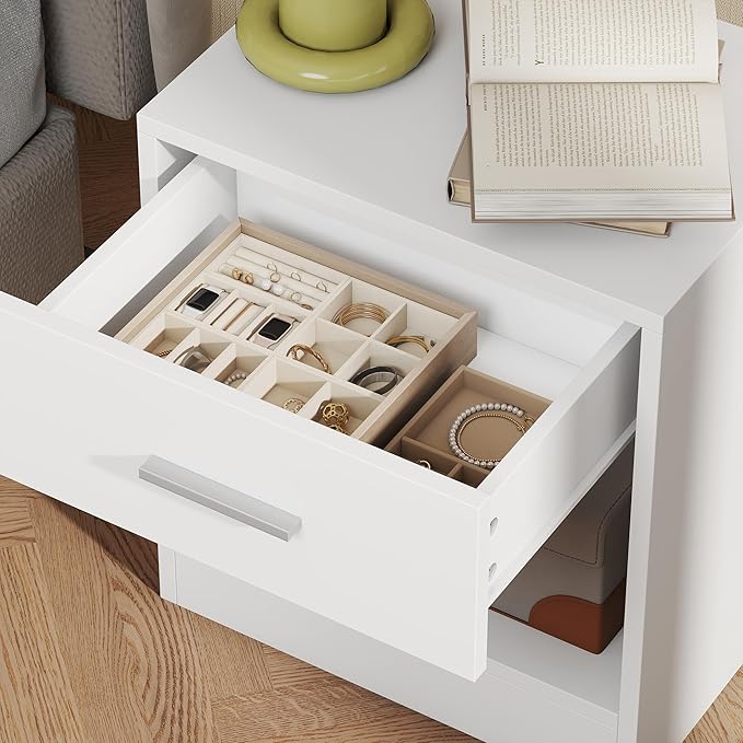 HOMCOM Modern Side Table, Accent Table with Drawer and Storage Shelf, End Table for Living Room, White Wood Grain