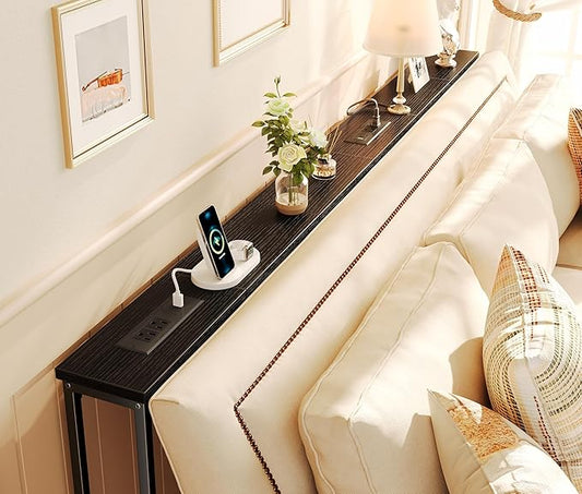 SUPERJARE 78.8 Inch Narrow Console Table with Outlet, Sofa Table Set of 2, Behind Couch Table, Long Entryway Tables with Charging Station, for Living Room, Black