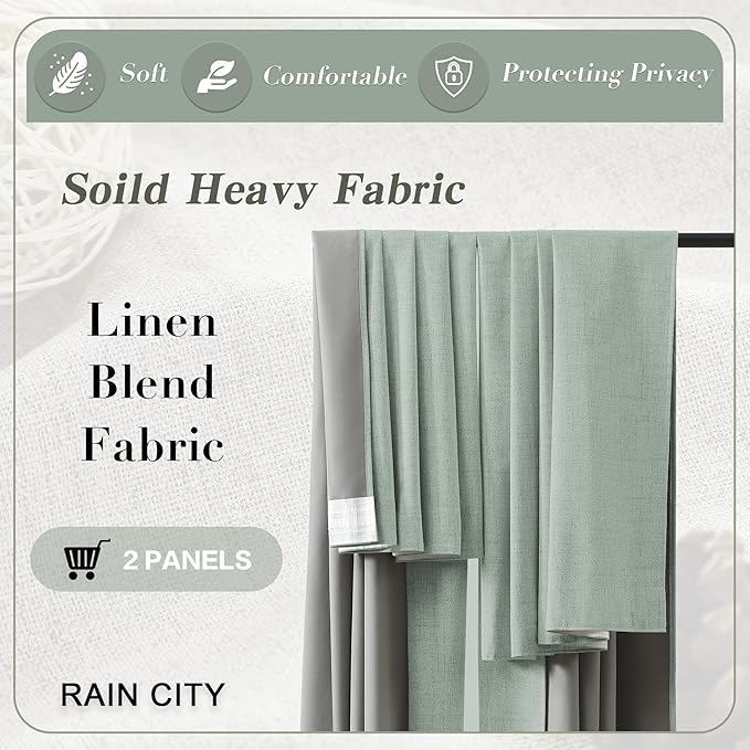 RAIN CITY Light Green Linen Blackout Curtains 108 Inch Long for Living Room,2 Panels Pinch Pleated Drape with Hooks Back Tab Boho Decor, Textured Full Black Out Curtains for Bedroom 50 x 108