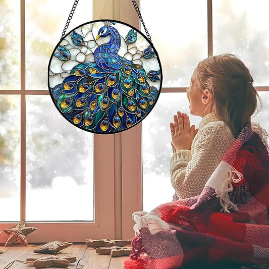Stained Glass Window Hanging - Peacock Blue Gold Feathers Sun Catcher for Door Garden Home Decor Bird Suncatcher Christmas Mother's Day Birthday Gifts for Women Men Mom Nana 11.8 in