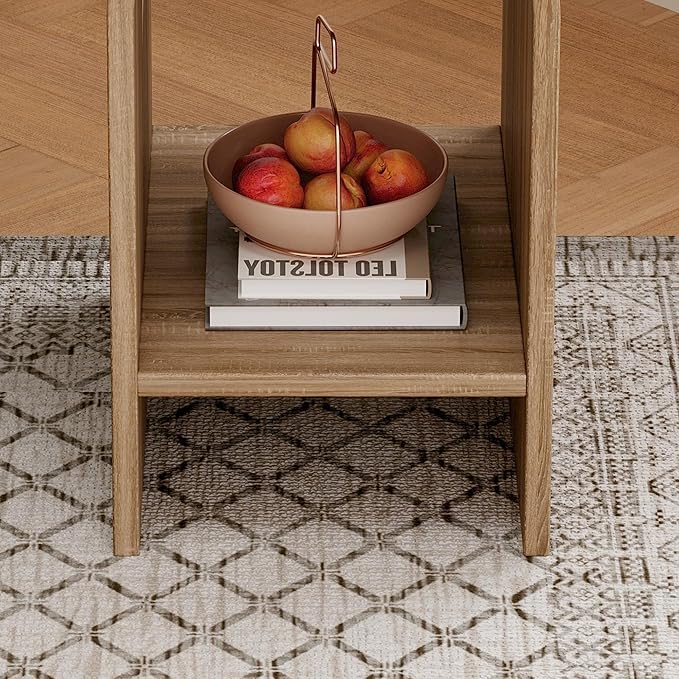 Side Table Set of 2, Round Coffee Table for Living Room, 2-Tier end Table with Storage and Thickened Tabletop, Modern Center Table Boho Small Bed Side Table for Living Room Office, Natural