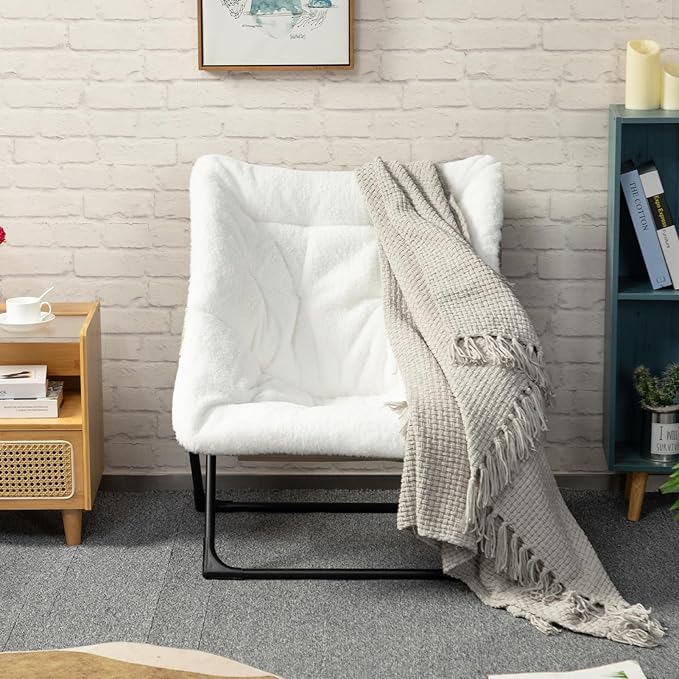 HollyHOME X-Large Saucer Chair, Comfy Oversized Folding Chair, Faux-Fur Reading Chair for Teens, Adults, Foldable Accent Lazy Chair, Metal Frame Lounge Chair for Living Room, Bedroom, Dorm, White
