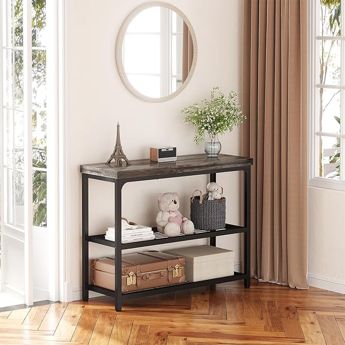 32" Small Console Table, 3-Tier Entryway Table, Sofa Table with Mesh Shelves, Console Tables for Living Room, Bedroom, Hallway, Entryway, Foyer, Grey