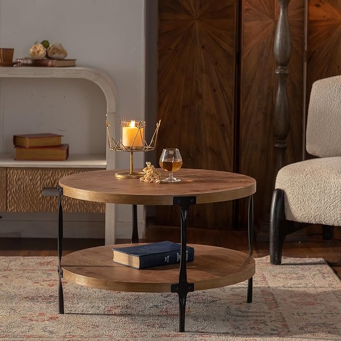 Round Two-Tier Coffee Table with Storage, 30.71" Circle Accent End Table with Metal Legs, Wooden Center Table for Living Room, Side Table Home Furniture - Walnut