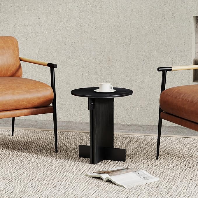 Wooden Round Side Table, Small Drink End Table, Cocktail Table, Modern Accent Night Stand with Wooden Base, Plants Stand for Living Room/Bedroom, Corners, Office, Small Space, Black