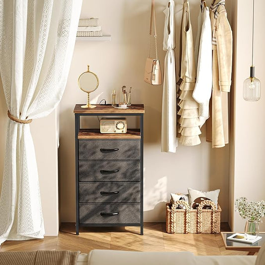 Huuger Night Stand with Charging Station, 4 Drawer Dresser for Bedroom, Bedside Table, 33.9 Inch Tall Nightstand with Open Shelf, End Table, for Closet, Entryway, Bedroom, Rustic Brown and Black