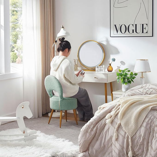 Vanity Stool with Storage and Backrest, Folding Back & Velvet Seat, Footrest, Round Ottoman with Sherpa, Vanity Chair with Storage, Ideal for Bedroom, Living Room, and Makeup Stations