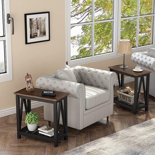 ChooChoo Farmhouse End Table, Rustic Vintage Narrow End Side Table with Storage Shelf for Small Spaces, Nightstand Sofa Table for Living Room, Bedroom Black 2 Pack