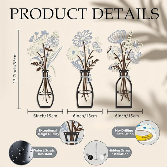 Iron Metal Vase Flower Wall Art Minimalist Black Floral Decor for Living Room Bedroom Kitchen, Office Garden - Modern Farmhouse Home Decor & Housewarming Gifts (Beige-Blue No Text)