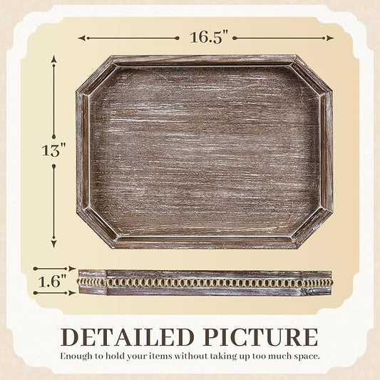 Wooden Decorative Tray, Rustic Serving Tray with Wood Bead, Farmhouse Big Tray for Ottoman, Countertop, Coffee Tabl, 16.5" x 13"x 1.6" (Retro Brown)