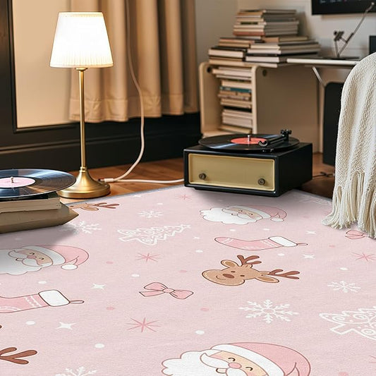 Pink Christmas Rug for Bedroom - 4x5 Rug, Santa Claus Living Room Rugs, Cartoon Xmas Bedroom Rugs, Reindeer Christmas Stocking Carpet, Xmas Tree Home Decor & Gifts