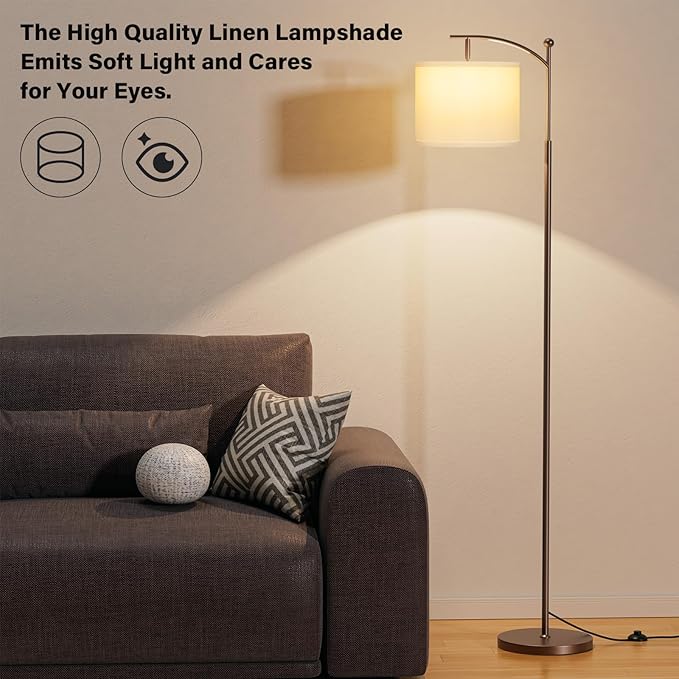 60" Floor Lamps for Living Room with 3 Color Temperatures, Adjustable White Shade with Brown Pole, Tall Lamps for Living Room Bedroom Office Classroom Dorm Room, 9W Bulb Included