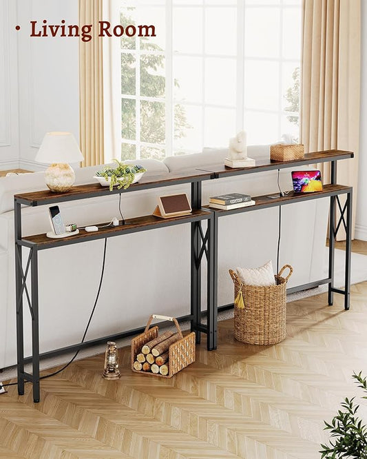 FAVOOSTY 5.9" Narrow Console Table with Led Light and Charging Station 46.8" Behind Couch Table Skinny Sofa Table with Power Outlets for Living Room, Hallway, EntryWay, Rustic Brown&Black