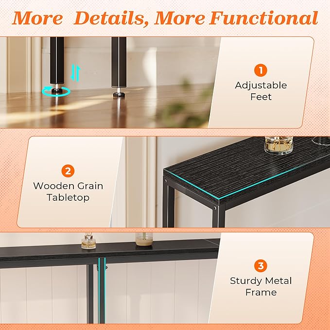 SUPERJARE 102.4 Inch Sofa Table with Power Outlets and USB-C Port, 5.9 Inch Narrow Console Tables, Entryway Hallway Couch Tables with Storage, Behind Sofa, Small Spaces, Living Room, Black