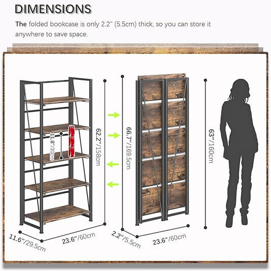 4NM No Assembly Folding Bookshelf, 5-Shelf 62.2" H Collapsible Foldable Bookcase Storage for Small Spaces, Rustic Brown and Black