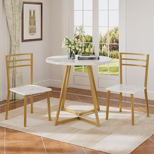 VECELO Small Round Dining Table Set for 2, Wood Tabletop with Strong Metal Frame, Modern Dinette with Chairs for Kitchen, Breakfast Nook Living Room, White & Gold