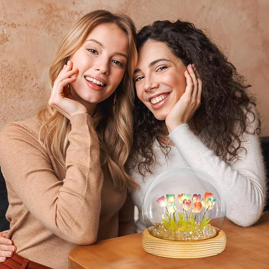 ONXE Birthday Flower Gifts for Mom,Tulips Night Light Small Glass Flower Lamp with Wooden Base for Home Decor Romantic Unique Christmas Gift for Women Girlfriend Sister Grandma Wife Her