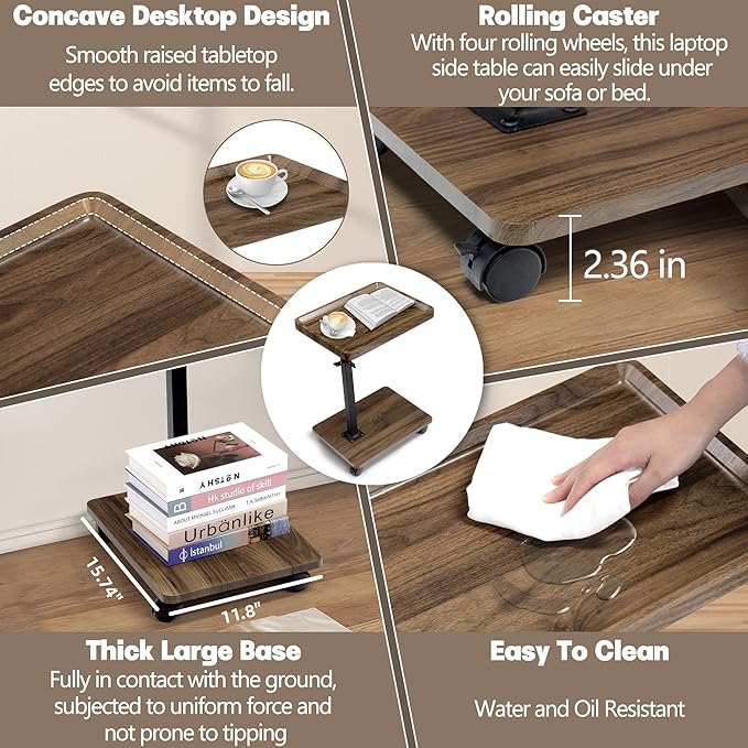 Aoligrace C Table End Table Adjustable Height, 360° Swivel Side Table with Wheels, Small TV Tray Table for Living Room Bedroom, Couch Tables That Slide Under for Sofa Bed Chair