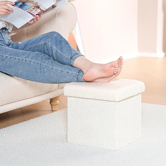 B FSOBEIIALEO Small Storage Ottoman Cube Sherpa Ottomans Foot Rest, Foldable Boucle Ottoman, Faux Teddy Fur, Cream White 12.6"x12.6"x12.6"