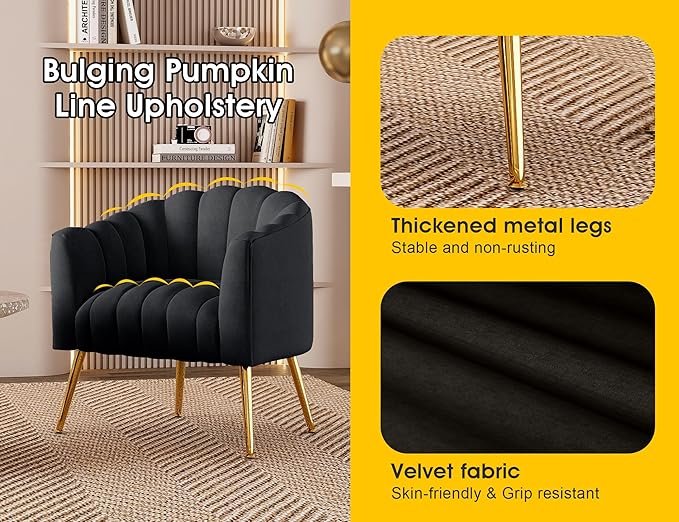 Oversized Pumpkin Couch Accent Chair, Modern Comfy Velvet Upholstered Barrel Chairs, Luxury Single Sofa Armchair for Living Room, Waiting Room, Office and Vanity, (Black)