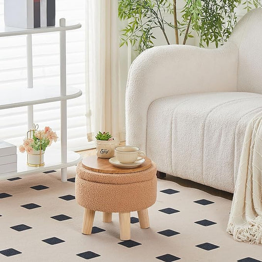 Wimarsbon Storage Ottoman, Modern Round Footrest with Soft Padded Seat, Teddy Velvet Footstool with Wood Legs, Accent Small Table or Plant Stand for Hallway, Living Room (Champagne)