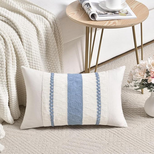 Fancy Homi Set of 2 Boho Light Blue Lumbar Decorative Throw Pillow Cover 12x20 Inch for Couch Bed Sofa Chair, Modern Organic Farmhouse Home Decor, Soft Cotton Cute Accent Rectangle Cushion Case