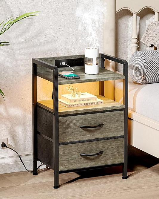 Night Stand Bedside Charger Bedroom - Grey Nightstand with Charging Station & LED Light Strip, Morden End Table with USB Ports & AC Outlets, Night Stand with Storage Shelf & 2 Fabric Drawers