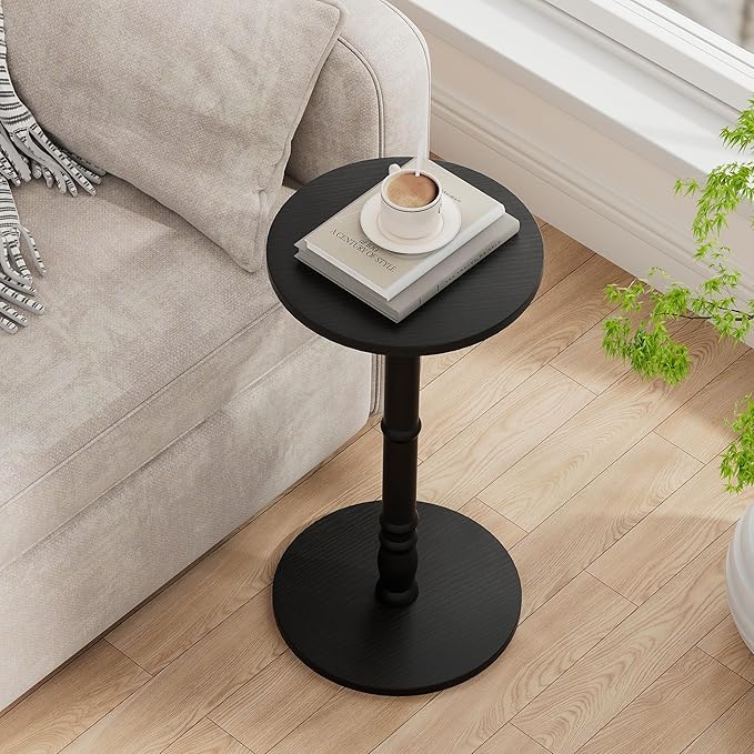 Round Side Tables Set of 2, Solid Wood Pillar with Wood Top & Base, Small Drink Accent Table for Living Room, Bedroom, Sofa & Office, Easy Assembly, Black