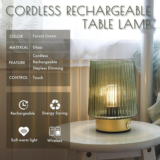 Cordless Lamp Rechargeable Battery Operated lamp, Glass Small Table lamp - Portable Dimmable Brightness Touch Wireless Bedside Lamp for Bedroom Kitchen Dining Home Living Room Decor Grey