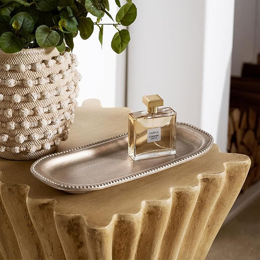 Wooden Decorative Tray, 13.9×5.9" Oval Distressed Boho Coffee Table Tray Decor, Kitchen Dining Table Trays Farmhouse Home Decor, Wood Beaded Rustic Trays for Living Room, Bathroom (Golden Brown)