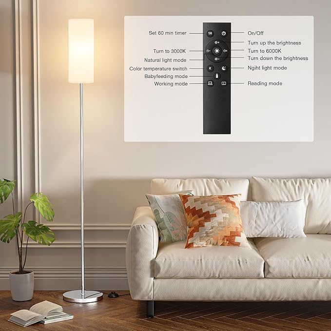 Ambimall 66'' Floor Lamps for Living Room with Remote Control and Stepless Dimmable Colors Temperature & Brightness, 9W Bulb Included(White Lampshade & Silver Pole)