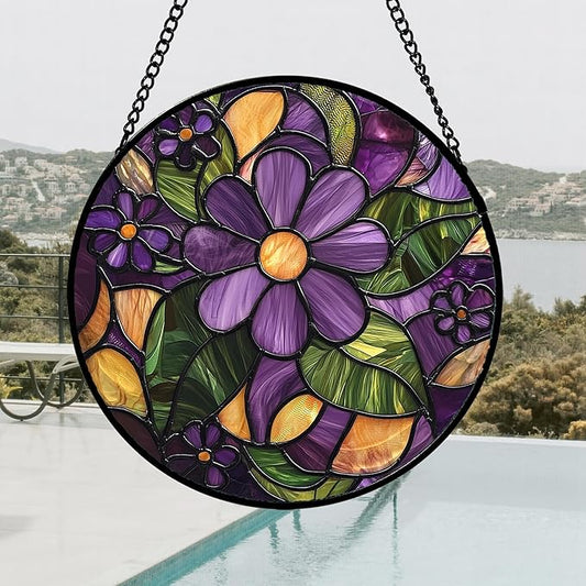 Stained Glass Window Hanging, Purple Green Flowers Sun Catcher for Door Home Decor Plants Suncatcher Christmas Mother's Day Birthday Gifts for Women Men Mom and Nana 9.8 in