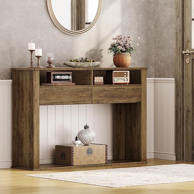 43.3 Inches Console Table, Narrow Entryway Table with 2 Drawers, 2 Compartments and Bottom Shelf, Farmhouse Hallway Accent Table for Entryway, Living Room, Foyer, Hallway, Dark Brown