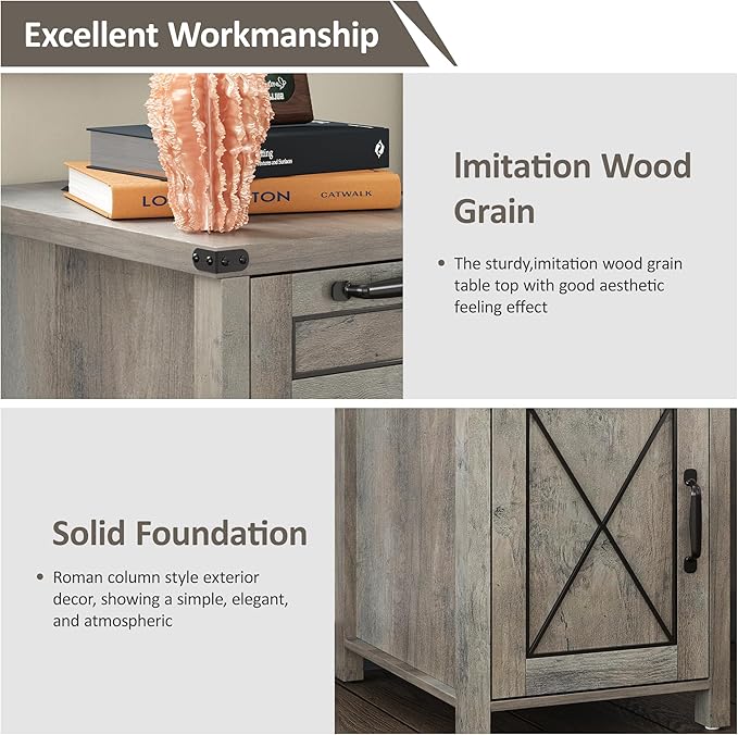 Maupvit End Table with Charging Station, Farmhouse End Table Narrow Side Table for Living Room, Sofa Side Table with Drawer and Storage Cabinet, Small Nightstand for Bedroom (Retro-Grey)