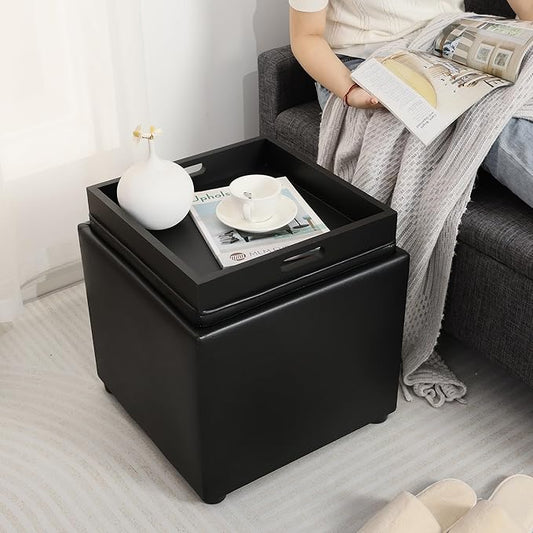 Adeco 17" Black Storage Ottoman Cube with Tray Lid, Small Footstool with Storage, Square End Table for Living Room & Bedroom