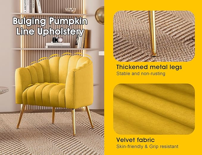 Oversized Pumpkin Couch Accent Chair, Modern Comfy Velvet Upholstered Barrel Chairs, Luxury Single Sofa Armchair for Living Room, Waiting Room, Office and Vanity, (Yellow)