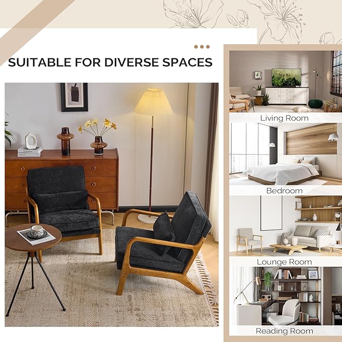 VINGLI Chenille Mid-Century Modern Accent Chair Set of 2, Cute Reading Arm Chair with Cushion & Lumbar Pillow & Solid Wood Frame for Lounge, Living Room, Reading Room, Bedroom, Black