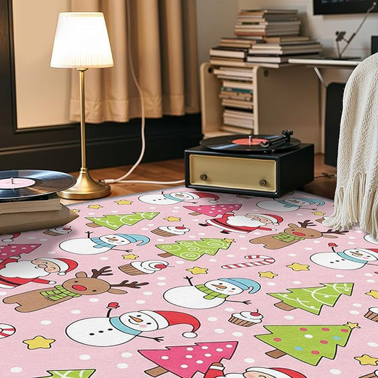 Pink Christmas Rug Indoor - 6x9 Rug, Kids Santa Snowman Living Room Rugs, Pink Christmas Bedroom Rugs, Xmas Tree Candy Cane Carpet, Cartoon Reindeer Home Decor & Gifts