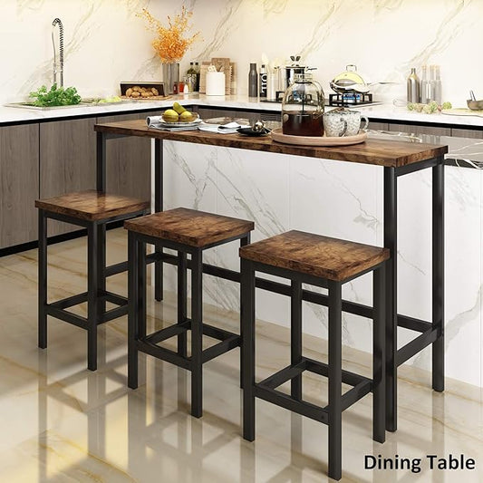 Merax 4 Piece Counter Height Extra Long Dining Pub Kitchen Table Set with 3 Stools, Bar Side-Table with Footrest, Brown