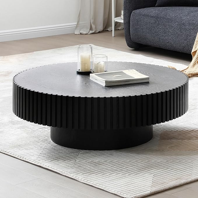 31.49" Black Round Coffee Table for Living Room Modern Wood Fluted Coffee Table with Pedestal Base Circle Accent Table for Apartment Easy Assembly (Watt Black,Round+Ø31.49"x13.97")