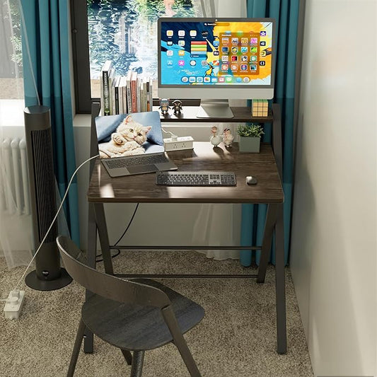 GreenForest No Assembly Folding Desk, 2-Tier Compact Computer Desk with Shelf, Space Saving Foldable Table for Home Office, Dorm or Apartment, Portable Collapsible Sturdy Laptop Desk, Brown