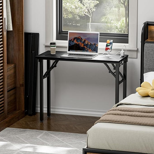 TEMI Small Computer Desk Folding Table - No Assembly, Compact 35.8" Foldable Desk with Power Outlets & USB Charging Port, Portable Small Office Desk, Ideal Mini Study Table, Dark Oak