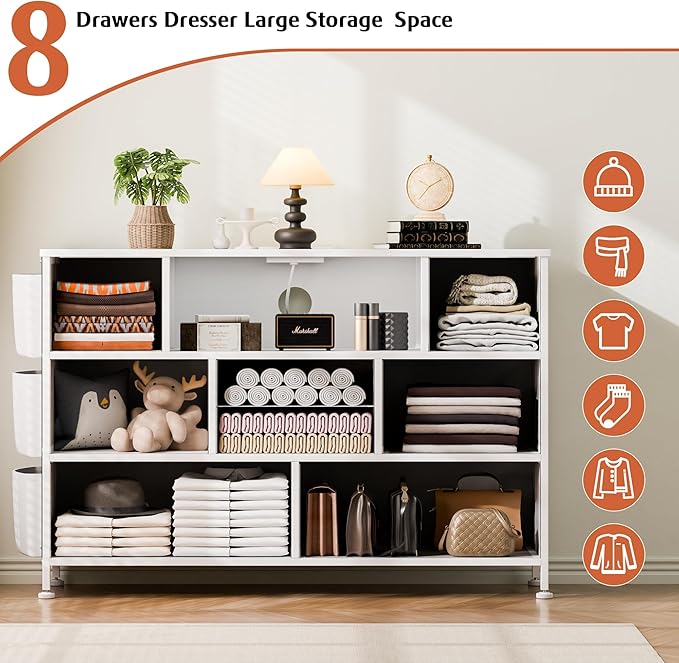 Dresser for Bedroom with 8 Drawers, Dresser TV Stand with LED Lights, Fabric Chest of Drawers with Side Pocket for Living Room, Entryway, Bedroom Furniture (White)