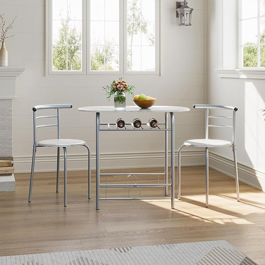 Yaheetech 3-Piece Dining Table Set, Breakfast Bistro Table Set for 2, Small Kitchen and Table Chairs Set of 2 with Metal Frame and Storage Rack for Small Space/Apartment/Dorm Room, White