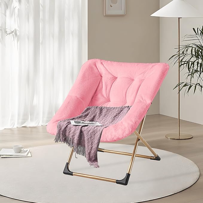 Comfy Oversized Saucer Chair, Soft Faux Fur Reading Lounge Chair for Adults, Stable X-Large Metal Frame and Non-Slip Pad, Foldable Cozy Chairs for Bedroom, Living Room, Dorm, Office, Pink