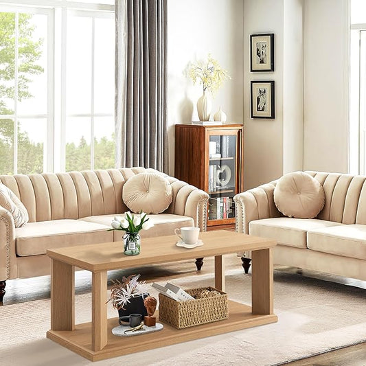 48“ Coffee Table, Wooden Center Table with 2 Tier Storage Shelves and Thick Legs, Rectangular Living Room Table Modern Farmhouse Coffee Table for Living Room, Home Office, Bedroom, Apartment, Oak