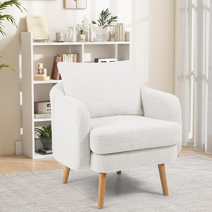 Giantex Sherpa Accent Chair, Modern Upholstered Single Sofa Chair with Back Pillow & Solid Rubber Wood Legs, Teddy Barrel Arm Chair for Reading, Living Room, Bedroom, Office, White