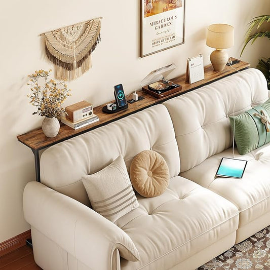 Kitstorack 2-Pack Rustic Brown Console Table, 7.9" Deep Panel, Adjustable Height (25"-33") & Built-in Power Outlets, Behind Sofa Couch, Includes 4.9' Power Cord - 79" L